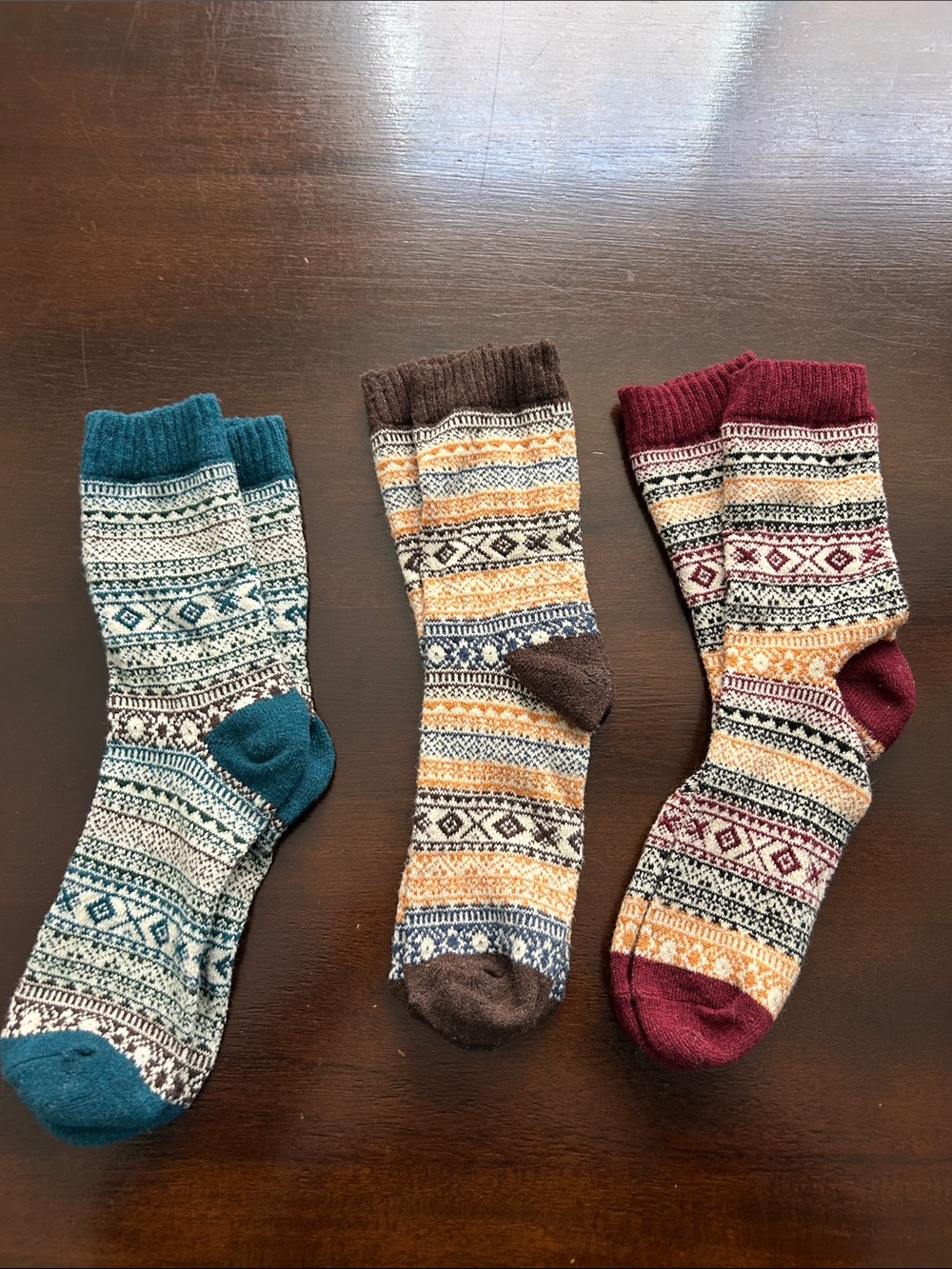 Fair Isle Crew Socks - Teal, Brown & Burgundy